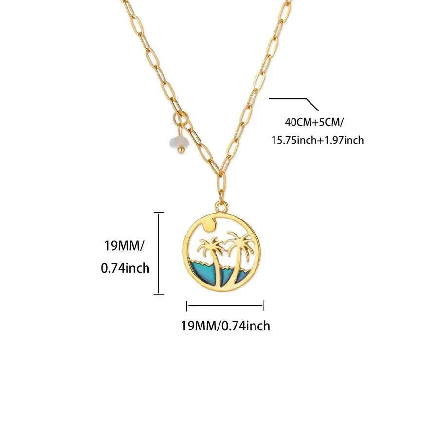 18K Gold Wave & Palm Tree Pendant Necklace
