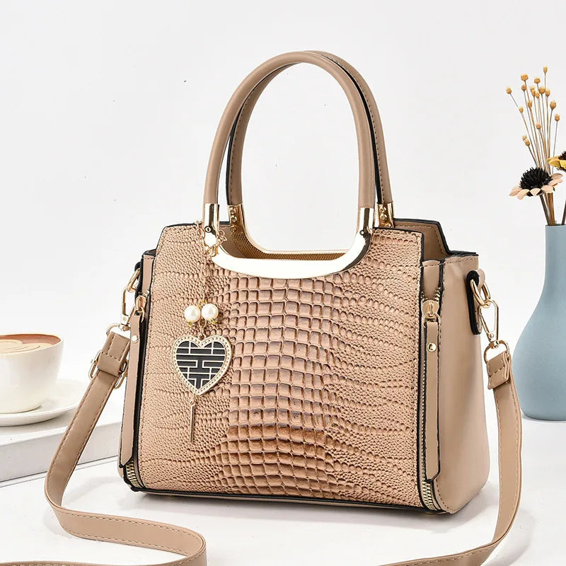 Stylish Croc-Pattern PU Shoulder Bag Khaki