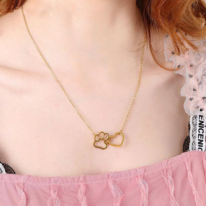 Heart & Cat Paw Gold Stainless Steel Necklace