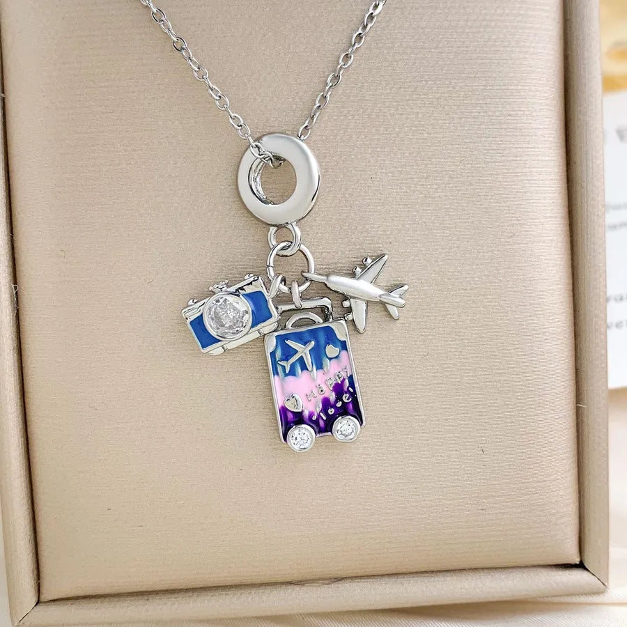 18K Gold Plated Zircon Pendant Necklace XL2261 Airplane Travel Necklace Silver Pink