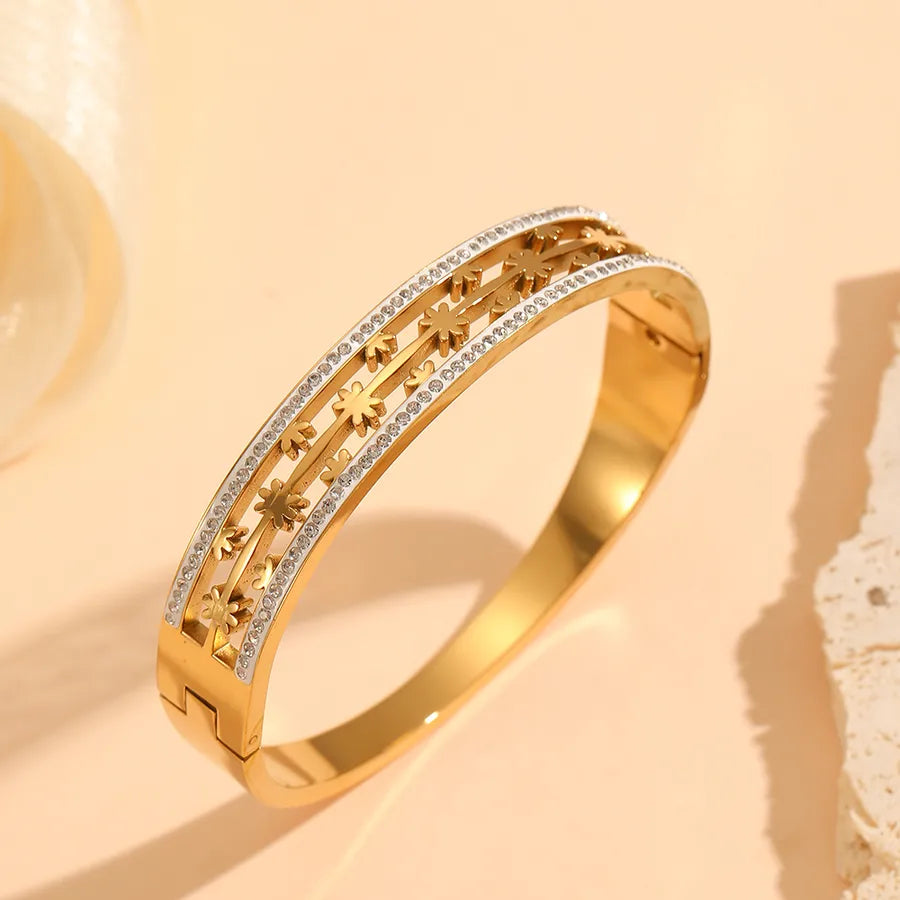 18K Gold PVD Letter & Flower Stainless Steel Bangle Bracelet#8