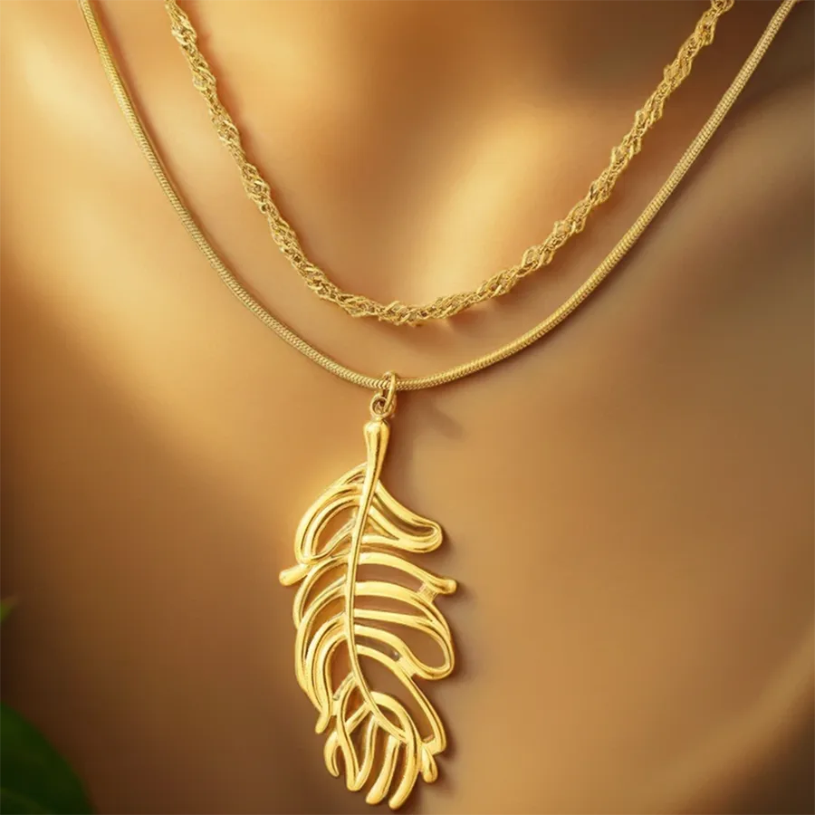 Gold Plated Stainless Steel Layered Pendant Necklace Average Size Gold 003#