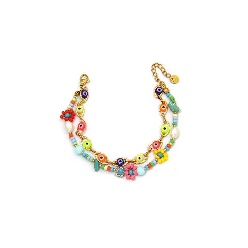 18K Gold Boho Eye & Flower Double Layer Bracelet BH0157-02-lightcolorful