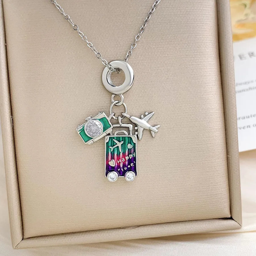 18K Gold Plated Zircon Pendant Necklace XL2261 Airplane Travel Necklace Silver Purple