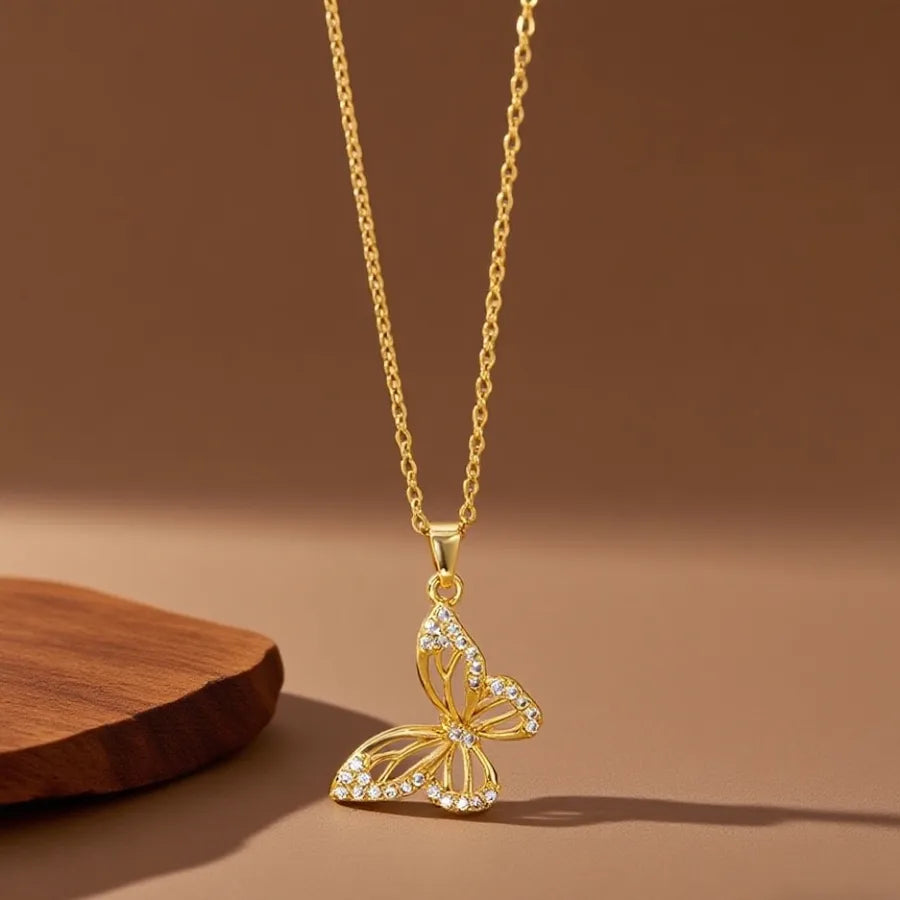 Geometric Titanium Steel Necklace for Women X08173 [Copper Pendant] Inlaid Diamond Butterfly Necklace - Gold