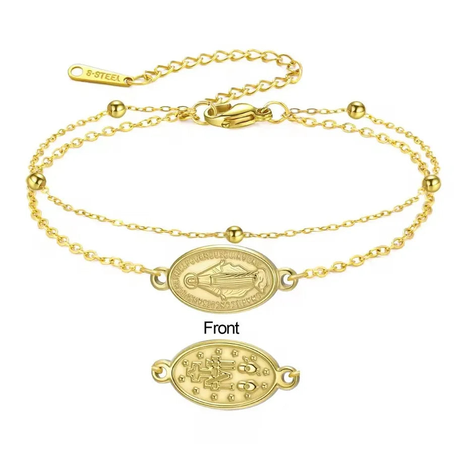 Stainless Steel Virgin Mary Bracelet – Black & Red Rope Gold -Double Layer Chain