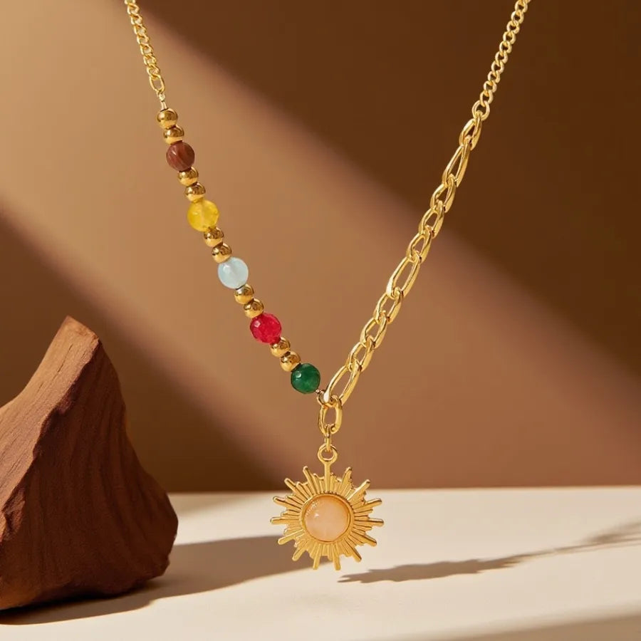 Titanium Steel Heart Pendant Necklace X0310-Colored Stone Sun-Necklace- Gold