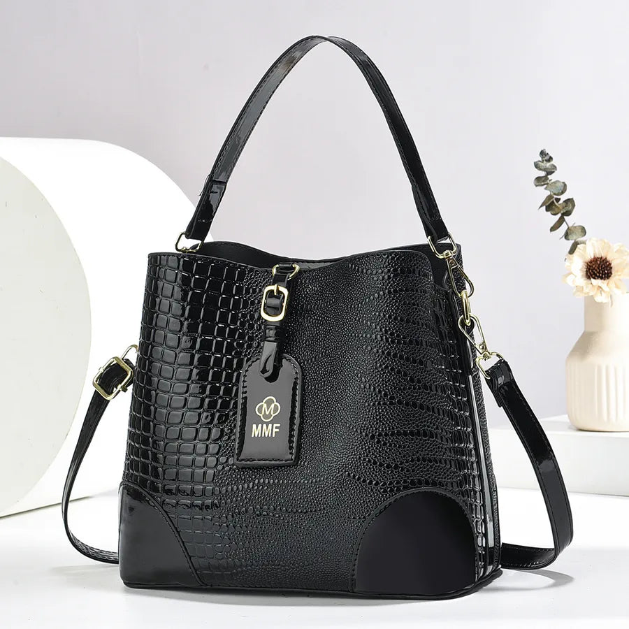 Color Block Bucket Shoulder Bag for Women Black Length 23 Width 12 Height 22