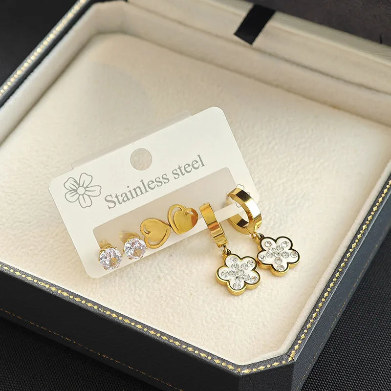 Stainless Steel Heart & Flower Zircon Earrings