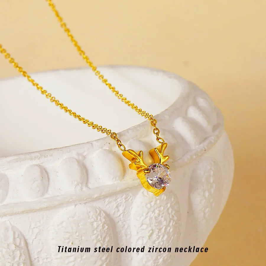 Elegant Deer Pendant Necklace – PVD Gold Stainless Steel 316 Titanium Steel Gold White Stone N0015G-1