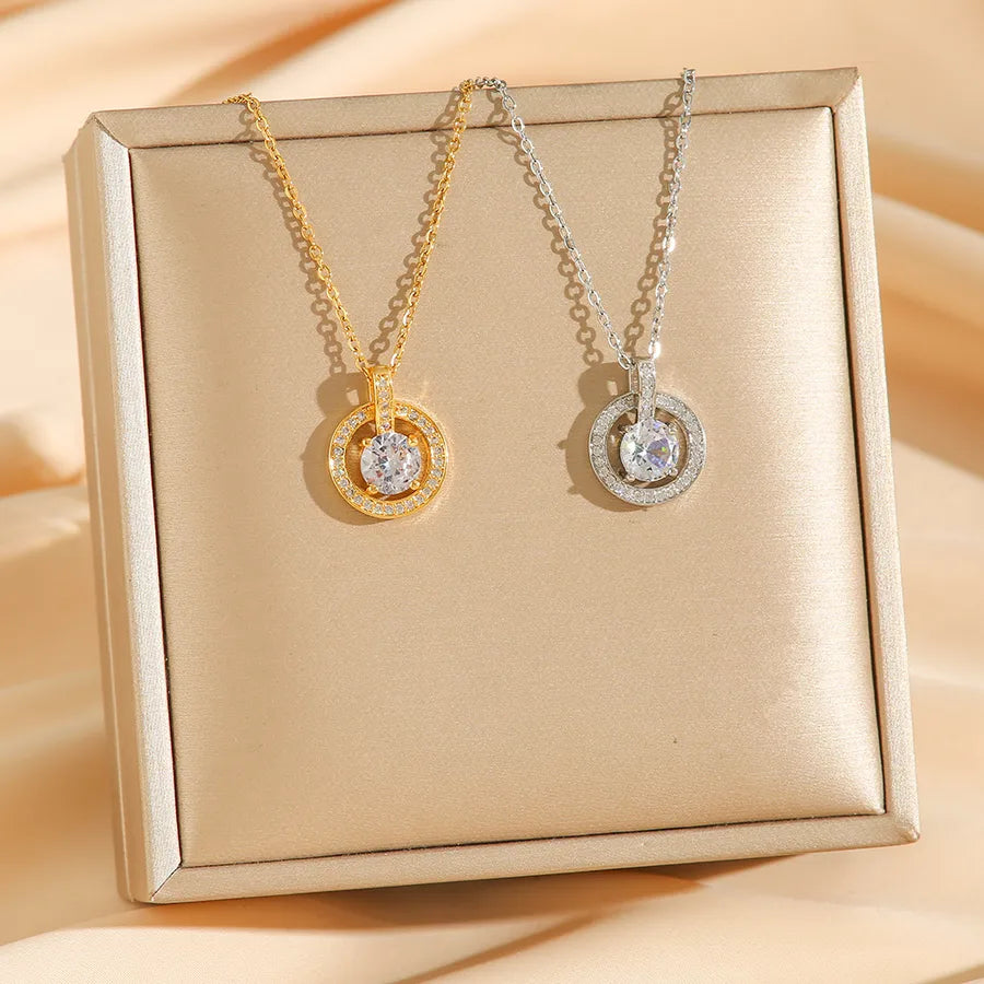 Zircon Round Pendant Titanium Steel Necklace