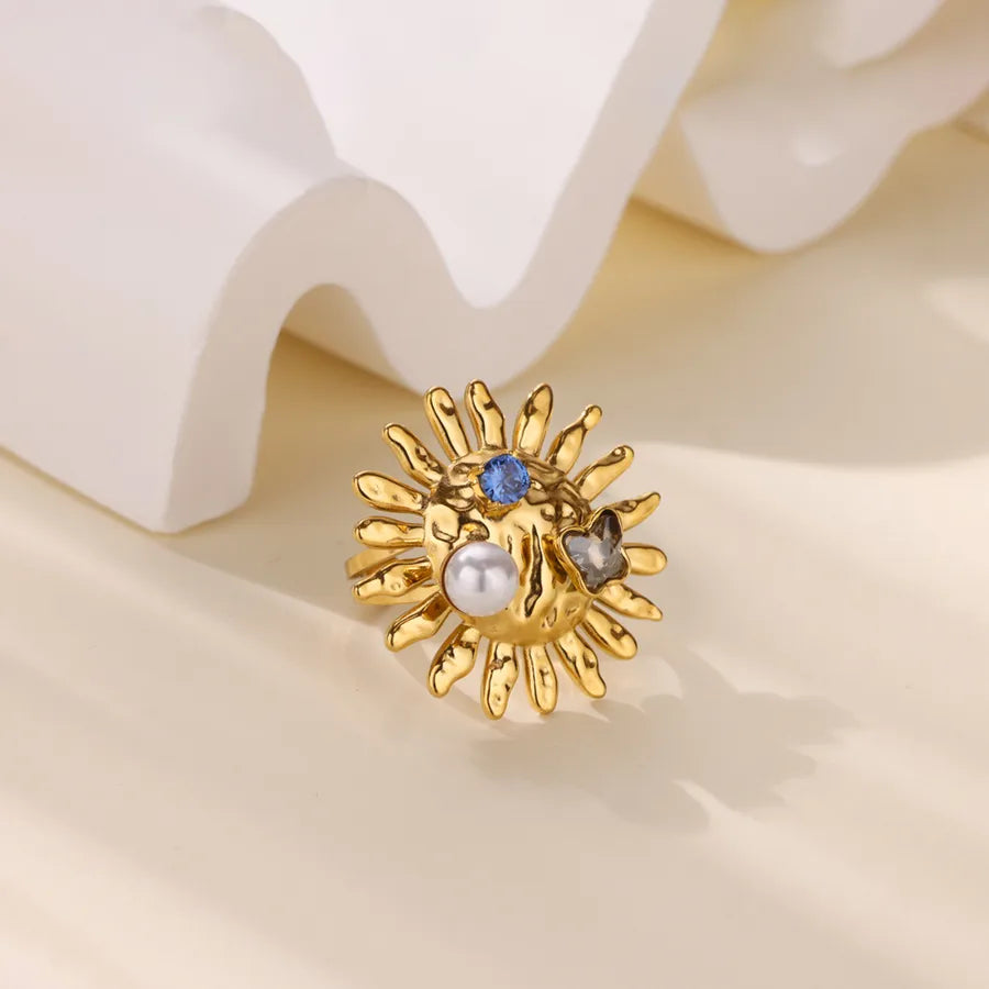 18K Gold Plated Open Ring with Pearl & Zircon