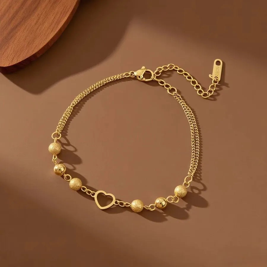 Elegant 18K Gold Plated Titanium Steel Bracelet S054-Frosted Bead Heart Bracelet - Gold