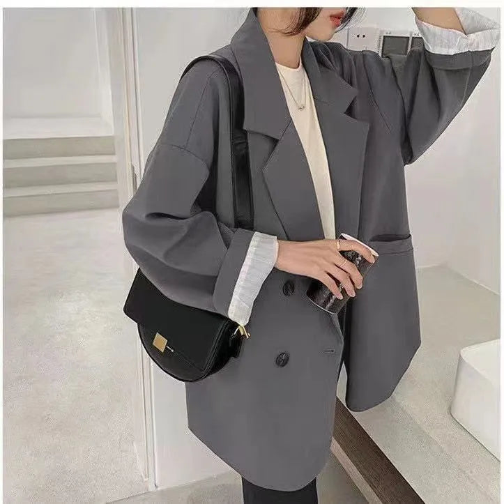 Loose Fit Women's Blazer Jacket - Solid Color Dark Grey