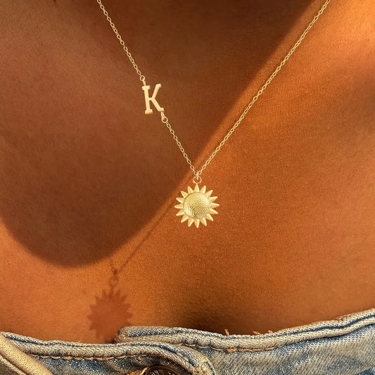 18K Gold Plated Sun & Letter Pendant Necklace