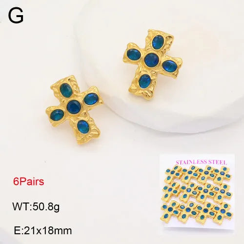 Gold Cross Zircon Earrings – Titanium Steel 21*18mm Lake Blue Diamond Gold 6 Pairs Card