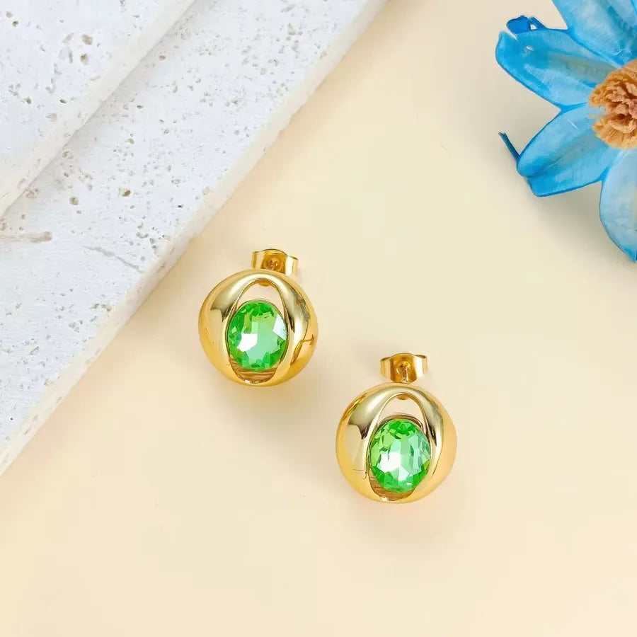 Colorful Rhinestone O-Shaped Stainless Steel Earrings 17 X17mm (Needle Thickness: 0.8) Green 1 Pair Package