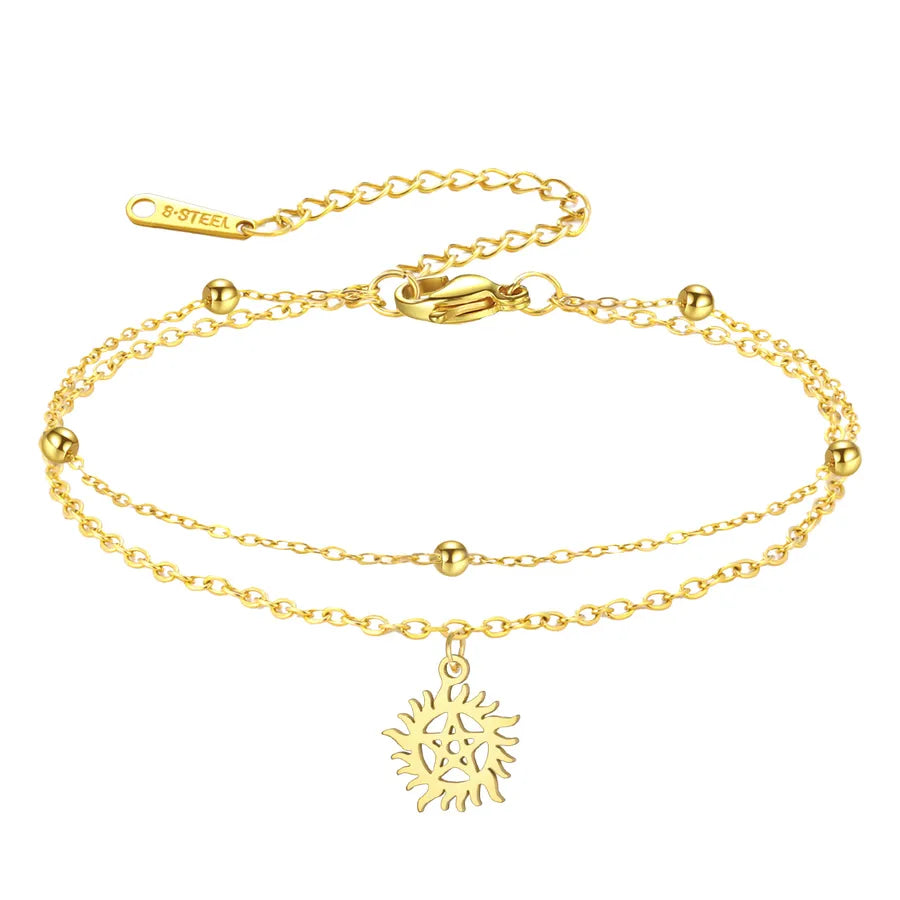 Double Layer Star Pendant Stainless Steel Bracelet Gold Sun Pentagram