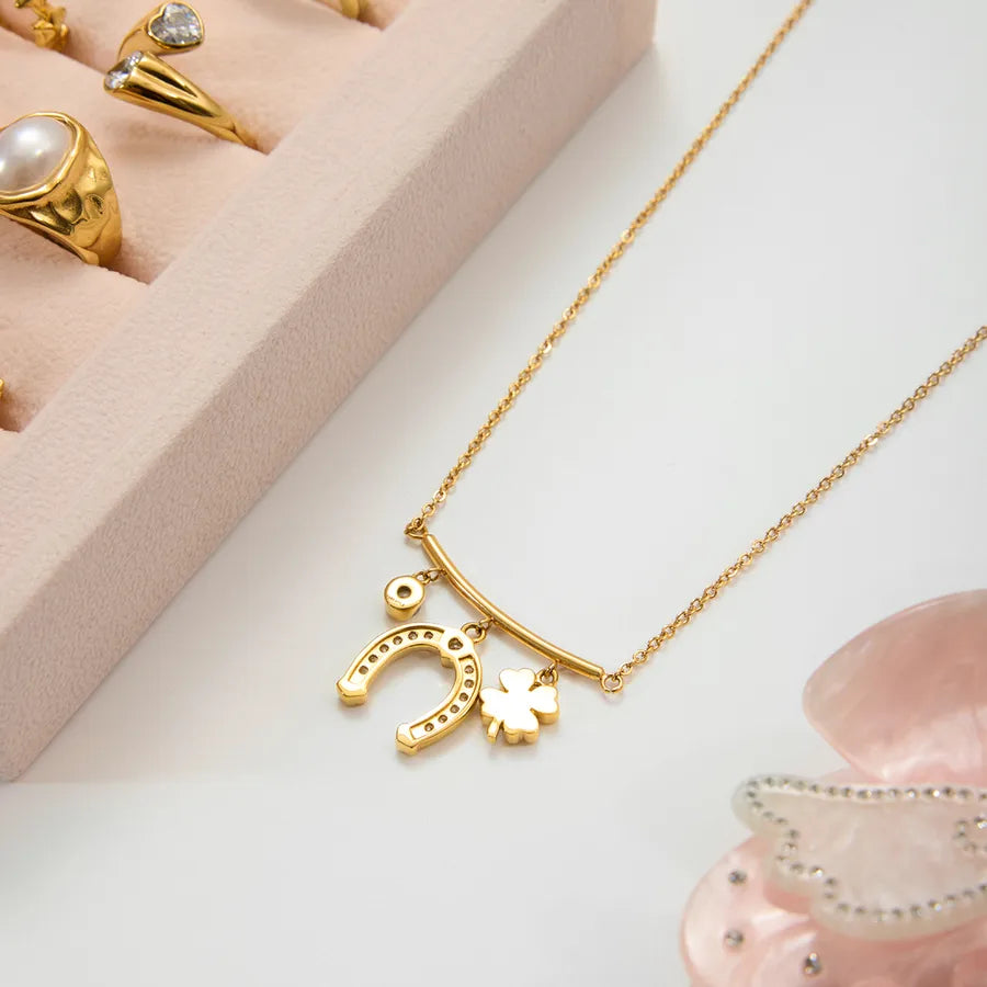18K Gold Clover & Horseshoe Stainless Steel Necklace