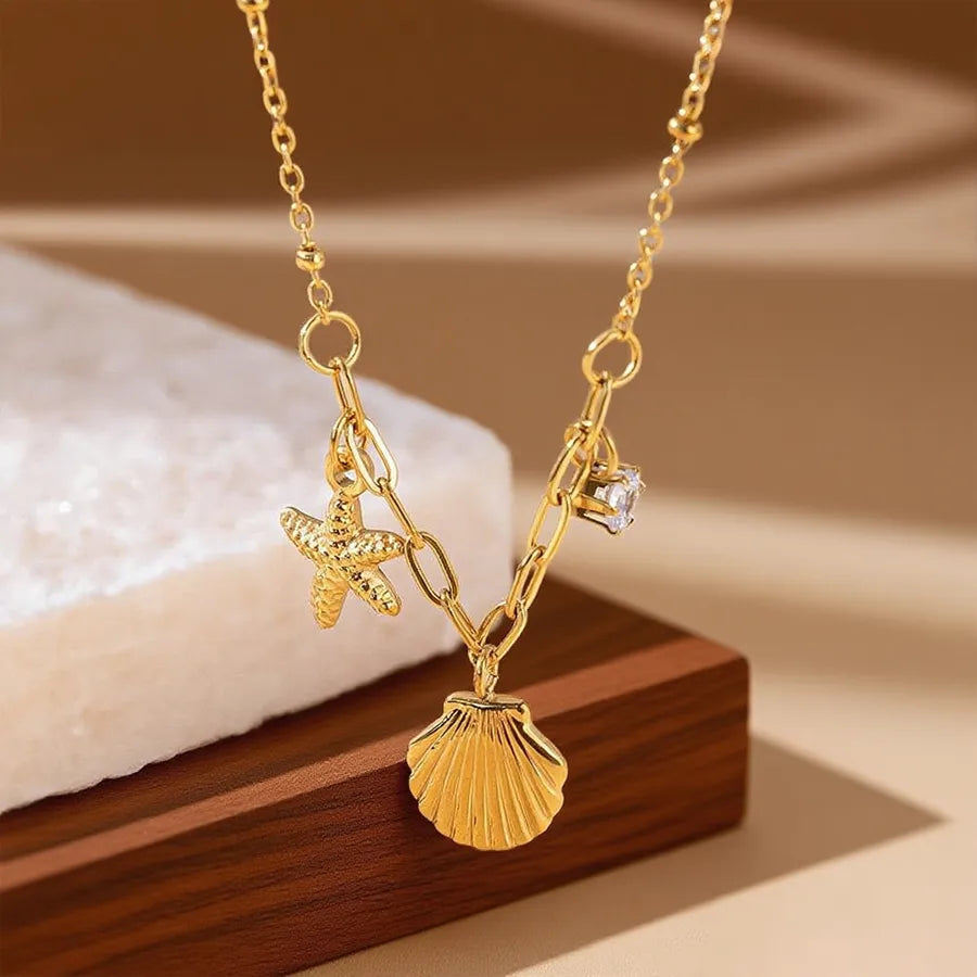 Gold Heart Shell Pendant Necklace X0219-Starfish Shell-Necklace- Gold