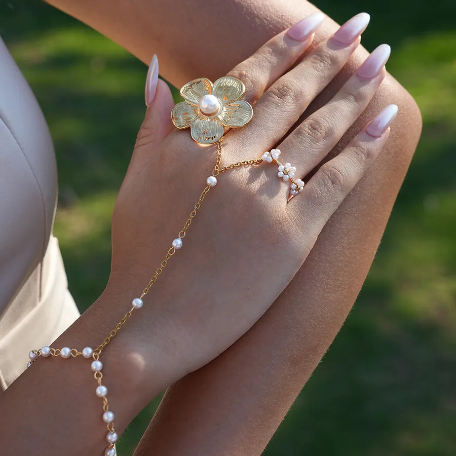 18K Gold Plated Flower Ring with Pearl Inlay