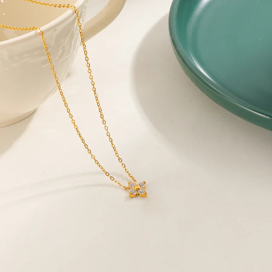 Gold Zircon Flower Pendant Necklace – 18K Plated