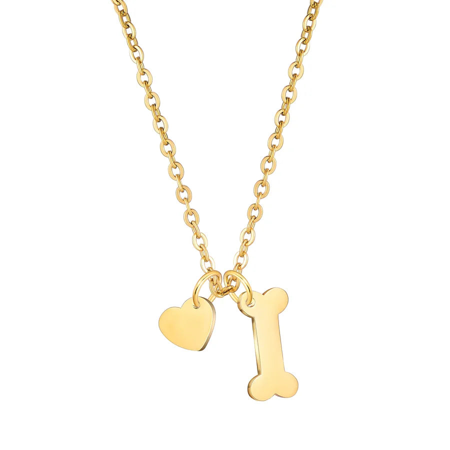 Gold Plated Heart & Bone Pet Name Necklace Necklace Dog Bone Heart Gold 1
