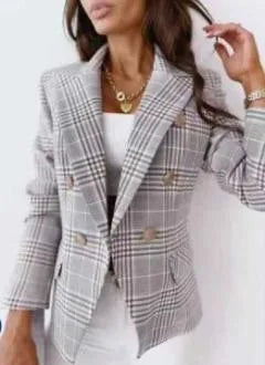 Women's Plaid Slim Fit European Style Blazer Grey