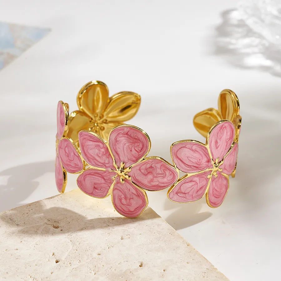 Colorful Flower Open Bangle – 18K Gold Plated