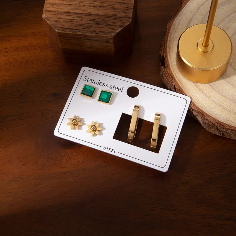 Green Zirconia Oval Titanium Steel Stud Earrings