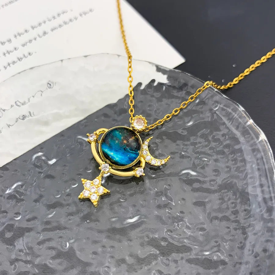 Starry Sky Planet Zircon Pendant Necklace XL1587 Moon Pentagram Star Ball Necklace Gold