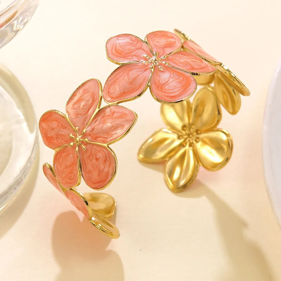 Gold Floral Enamel Stainless Steel Cuff Bracelet