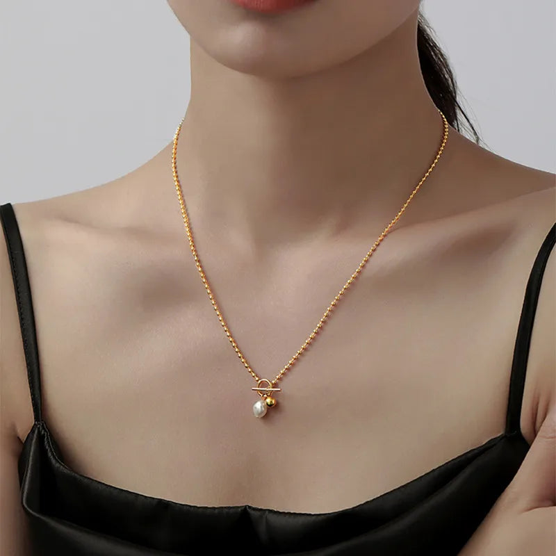 Titanium Steel Heart Pendant Necklace X06014-OT Clasp Pearl Necklace - Gold