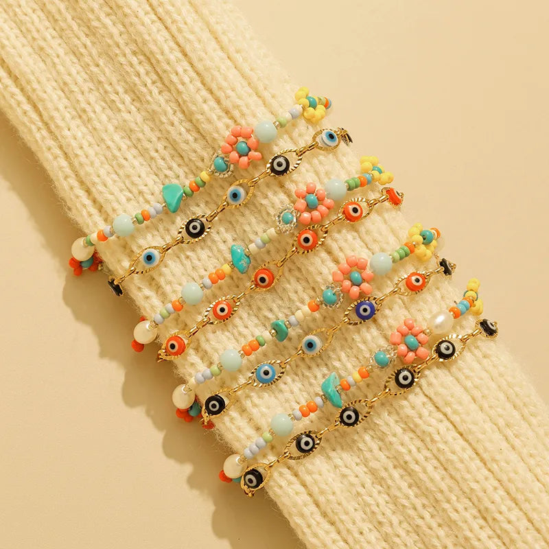 18K Gold Boho Eye & Flower Double Layer Bracelet