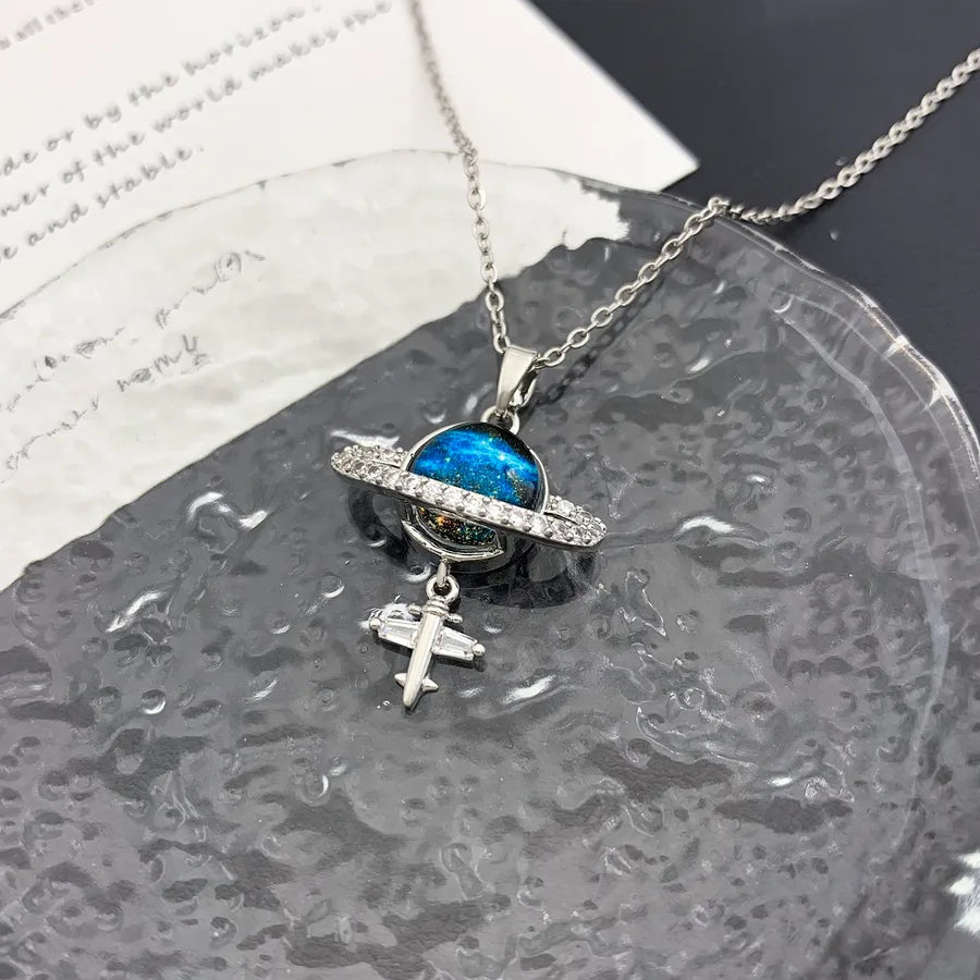 Starry Sky Planet Zircon Pendant Necklace XL2288 Airplane Planet Necklace Silver