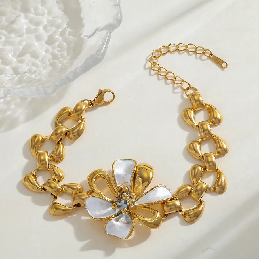 18K Gold Plated Stainless Steel Flower Bracelet 3-Length 17+5CM- Silver