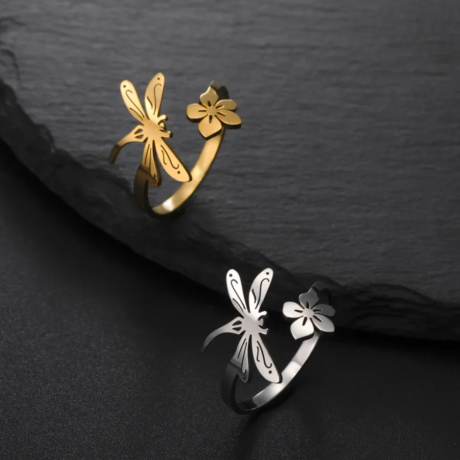 Gold Five-Petal Flower & Insect Open Ring