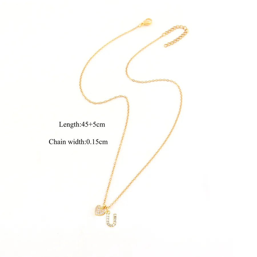 18K Gold Plated Heart Letter Pendant Necklace Gold U