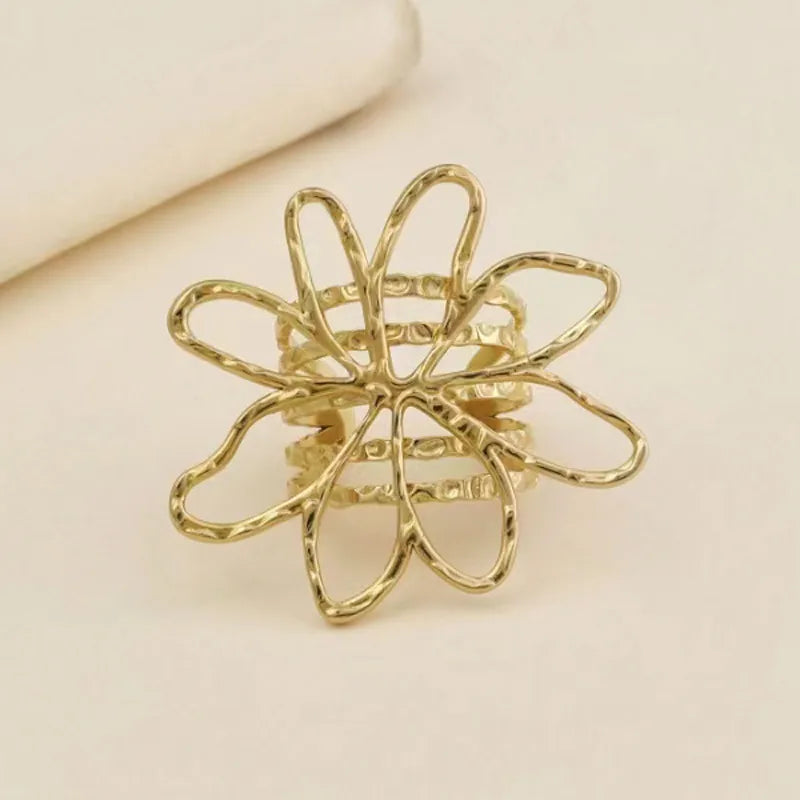 Gold Floral Butterfly Stainless Steel Ring Average Size Hollow Flowers