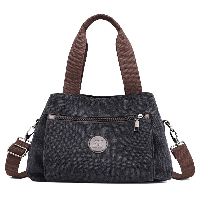 Women's Canvas Square Zipper Handbag - Medium Black