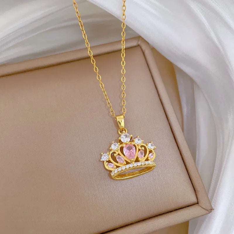 Gold Butterfly & Fish Choker Necklace G101 Pink Titanium Steel Chain Copper Pendant