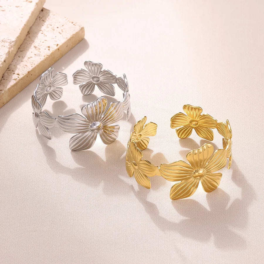 Geometric Butterfly & Flower Open Bangle Bracelet