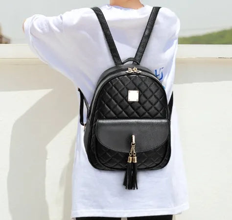 Women's Quilted PU Backpack Set with Bow & Tassel