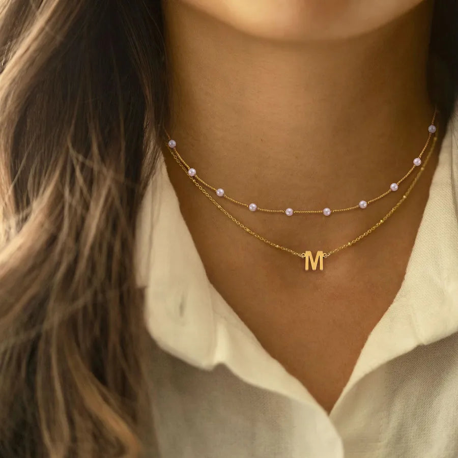 Minimalist Gold Initial Pendant Layered Necklace