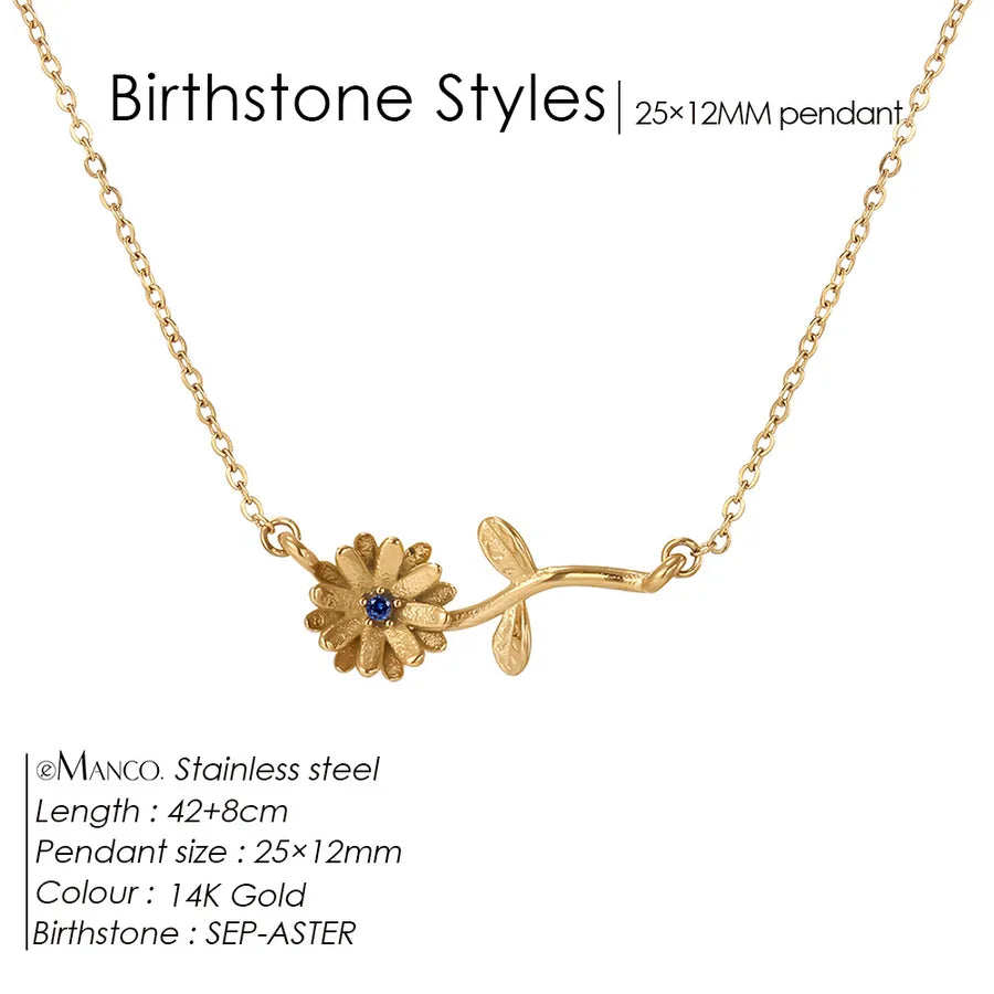 14K Gold Plated Flower Pendant Necklace September Sapphire Blue 14K Gold