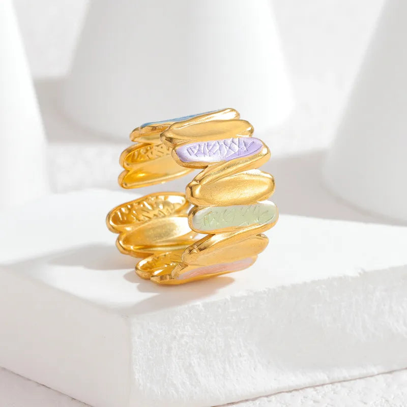 18K Gold Plated Enamel Stainless Steel Ring R879-Deep Colorful
