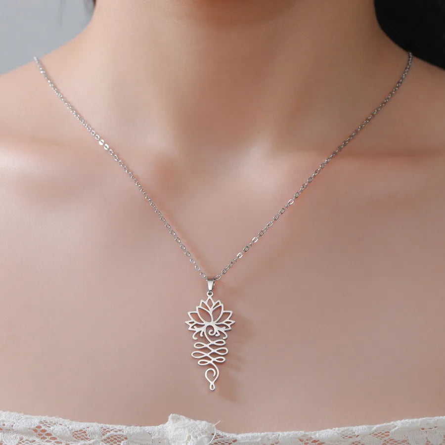 Geometric Lotus Pendant Stainless Steel Necklace