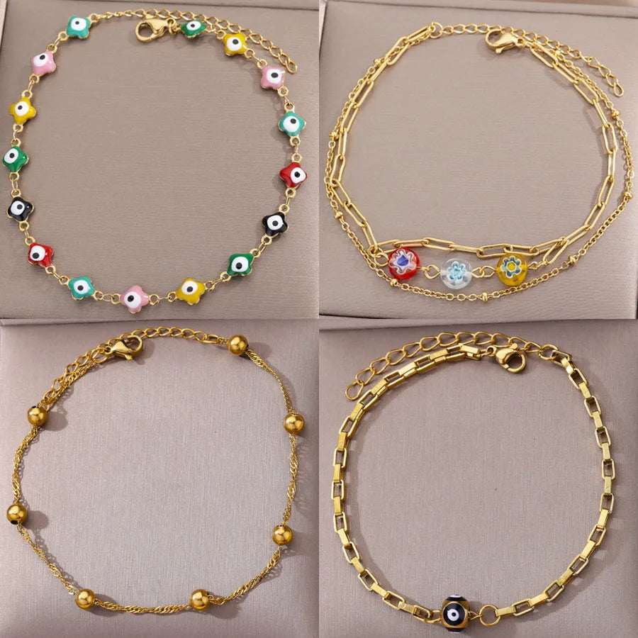 Boho Devil's Eye Heart Gold Anklet