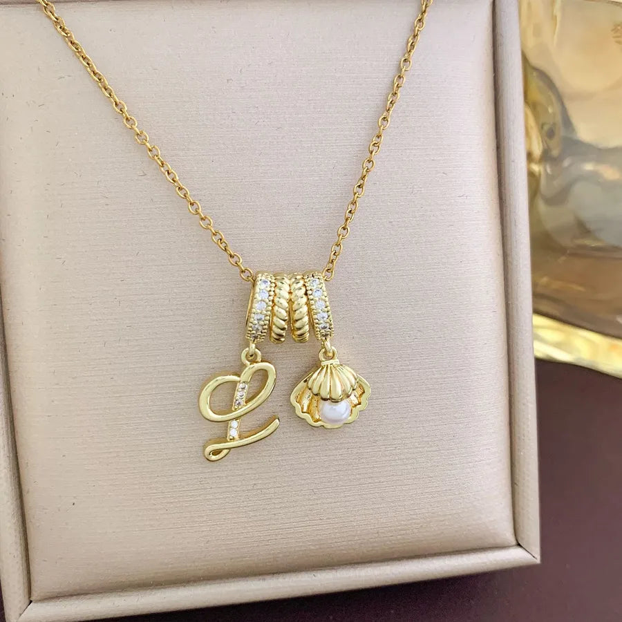 Aurora Star Pendant Necklace – Titanium & Zircon XL4640 Shell Letter L Combination Necklace Gold