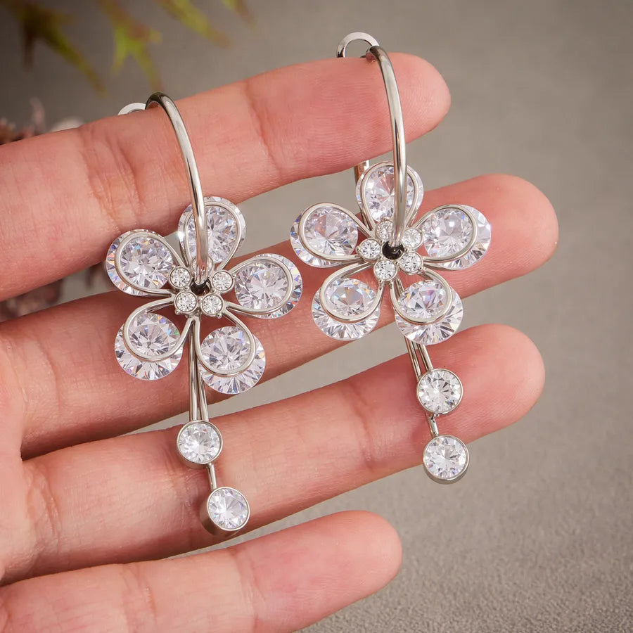 Elegant Zircon Flower Tassel Earrings in 18K Gold